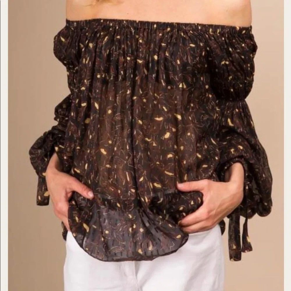 Ulla Johnson Farai Blouse Silk Cotton Metallic Brown Vine Floral Blouse Size 10